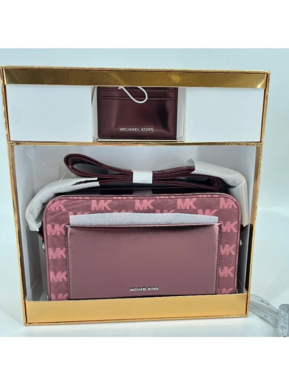 Michael Kors Maeve East West Crossbody Mulberry Coated Canvas Card Case Gift Box